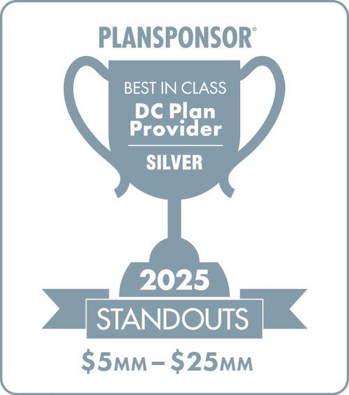 Logo: 2025 PLANSPONSOR Best in Class DC Plan Provider Standouts _ Silver: Plan Assets $5MM-$25MM, Desk Plaque