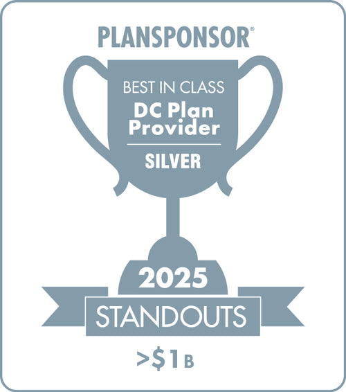 Logo: 2025 PLANSPONSOR Best in Class DC Plan Provider Standouts _ Silver: Plan Assets >$1B, Desk Plaque