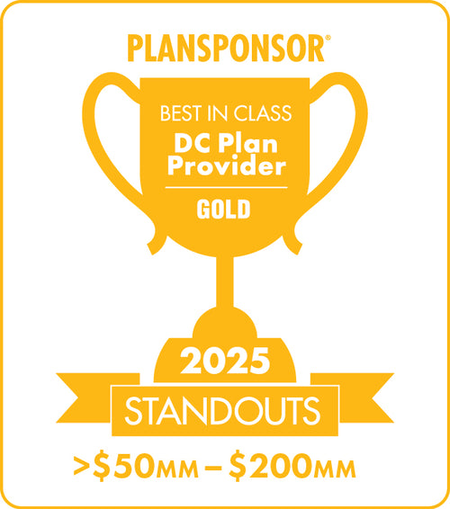 Logo: 2025 PLANSPONSOR Best in Class DC Plan Provider Standouts_ Gold: Plan Assets >$50MM-$200MM, Desk Plaque