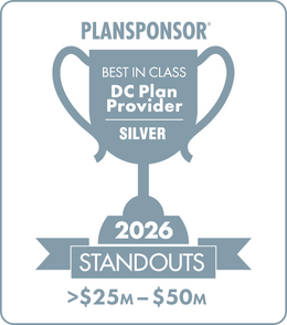 Logo: 2026 PLANSPONSOR Best in Class DC Plan Provider Standouts - Silver: Plan Assets >$25M-$50M Desk Plaque