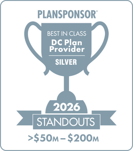 Logo: 2026 PLANSPONSOR Best in Class DC Plan Provider Standouts - Silver: Plan Assets  >$50M-$200M Desk Plaque