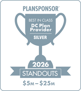 Logo: 2026 PLANSPONSOR Best in Class DC Plan Provider Standouts - Silver: Plan Assets $5M-$25M Desk Plaque