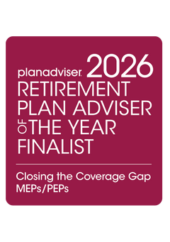 Logo: 2026 PLANADVISER Retirement Plan Adviser of the Year - Closing the Coverage Gap - MEPs/PEPs Desk Plaque