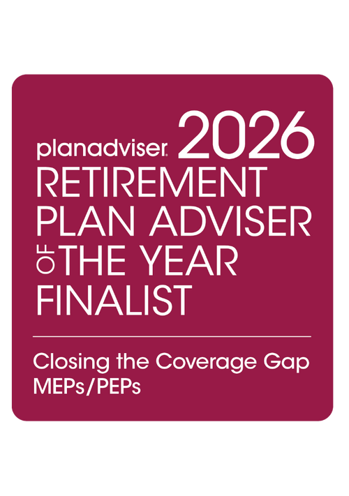 Logo: 2026 PLANADVISER Retirement Plan Adviser of the Year - Closing the Coverage Gap - MEPs/PEPs Desk Plaque