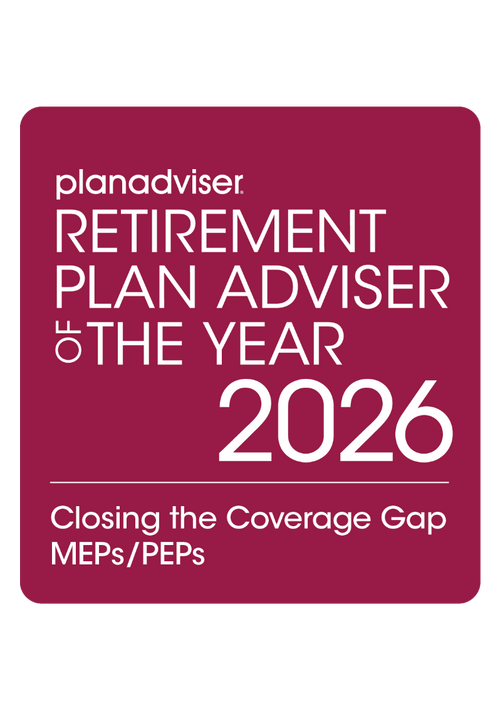 Logo: 2026 PLANADVISER Retirement Plan Adviser of the Year - Closing the Coverage Gap - MEPs/PEPs Desk Plaque
